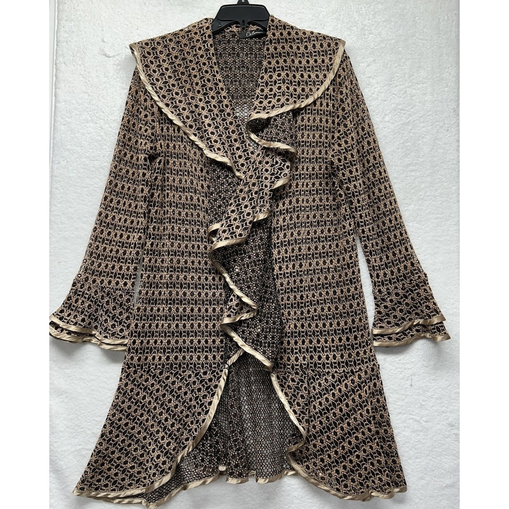 Calessa Womens Size M Beige Long Sleeve Ruffle Cardigan Top (S5)